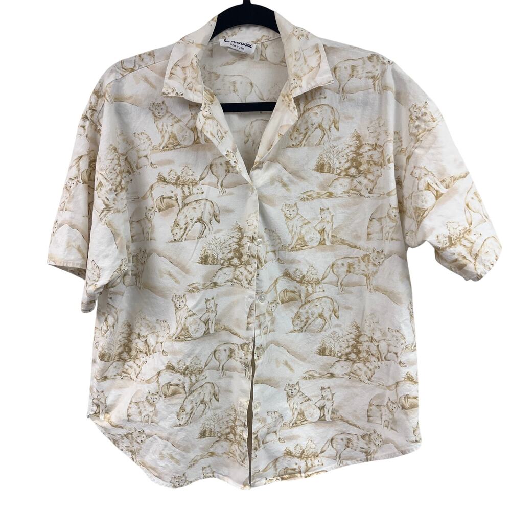 Vintage women's XL Caribou short sleeve button down shirt wolf print white tan